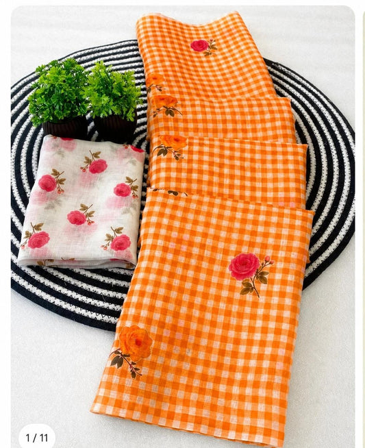 Soft Linen Checks Saree – Lightweight & Elegant Everyday Wear KSM08