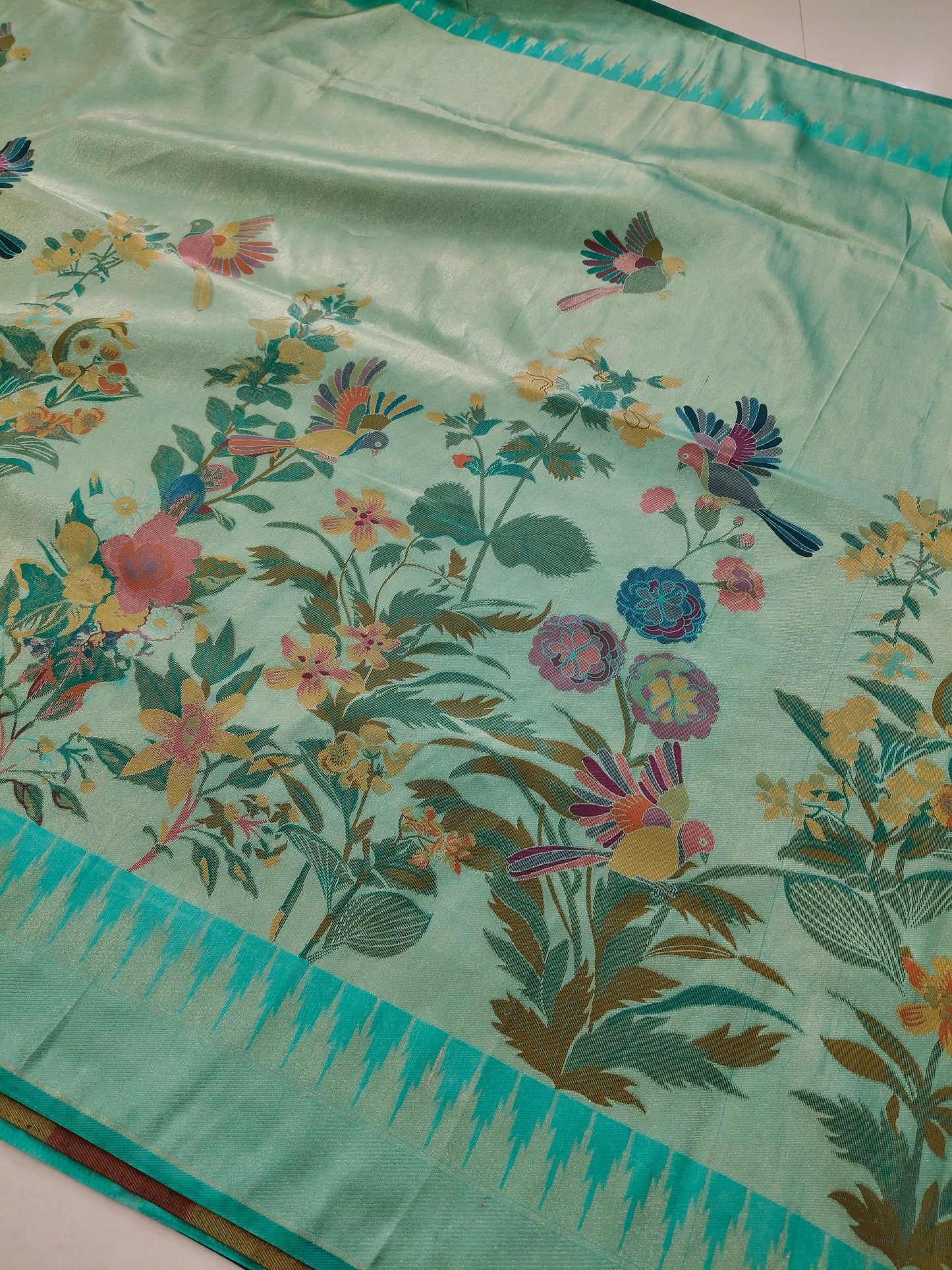 Mint Green Tissue Woven Designer Saree with Floral & Parrot Woven Pallu HK1399