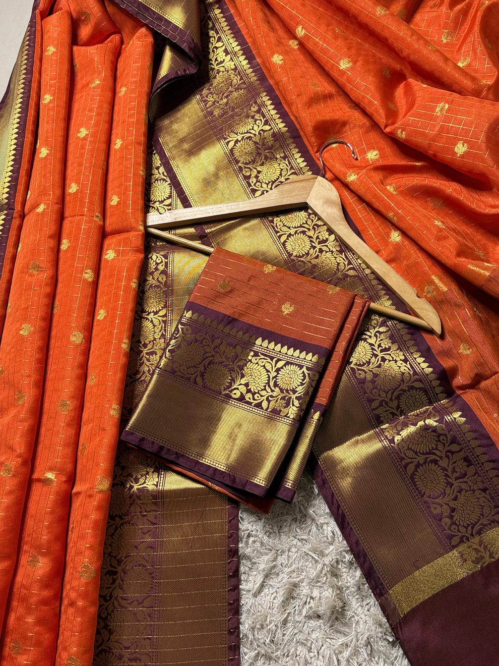 Orange Checks Design Semi Kanchi Saree KSM16