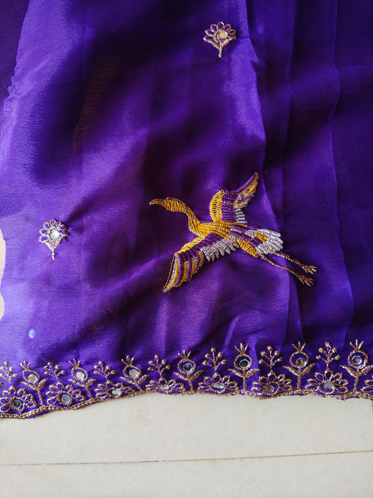 Premium Mustard Yellow Viscose Crepe Saree with Flamingo Bird Embroidery KSM26