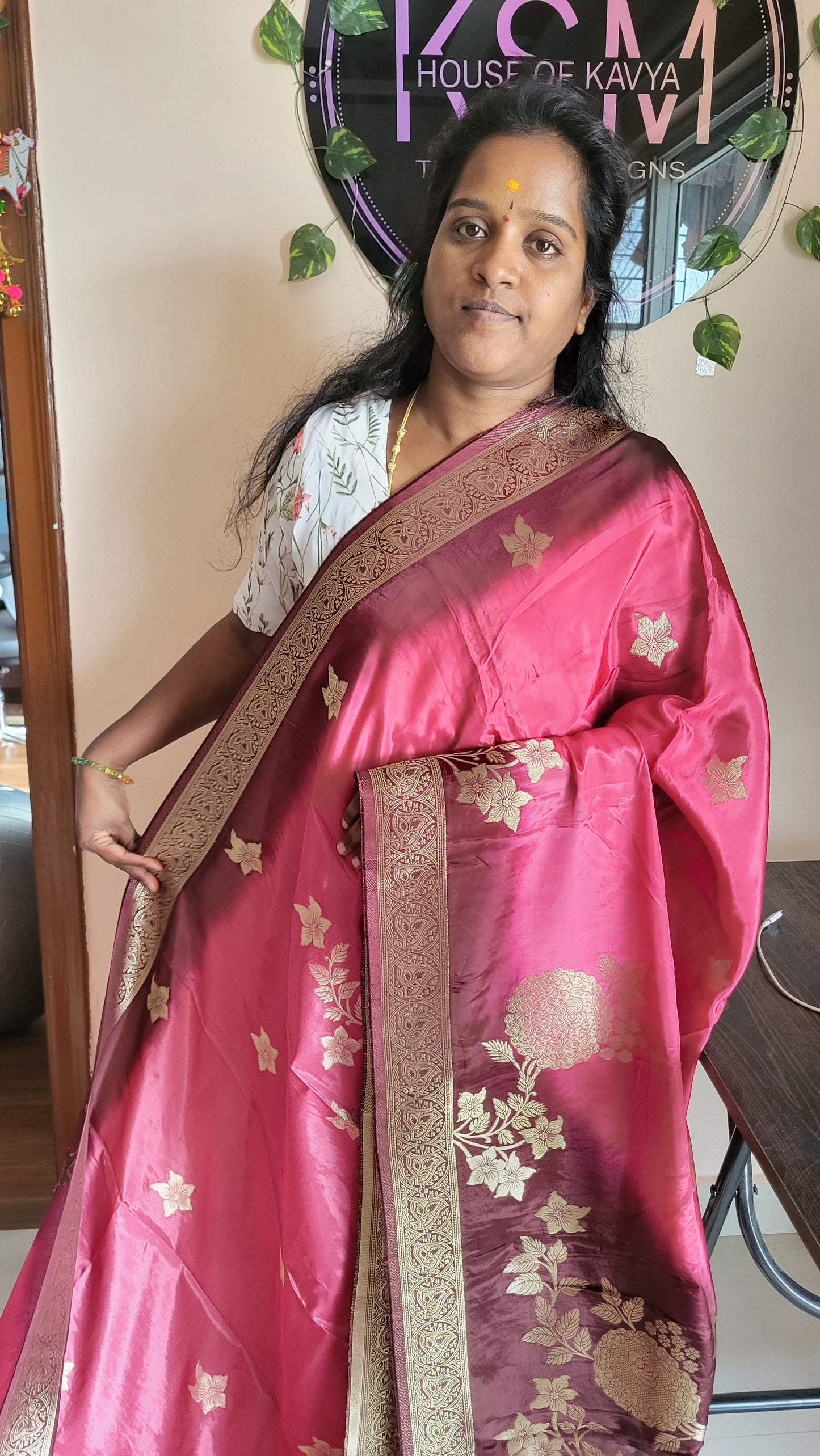 Viscose Crepe Satin Silk Saree – Onion Pink & Brown KSM24