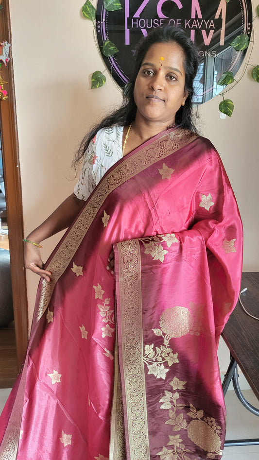 Viscose Crepe Satin Silk Saree – Onion Pink & Brown KSM24