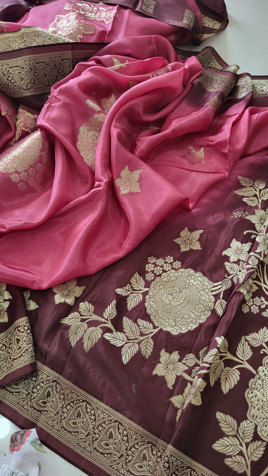 Viscose Crepe Satin Silk Saree – Onion Pink & Brown KSM24