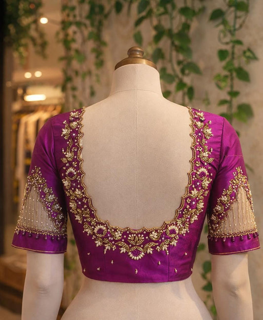 HKRF29 V Net sleeve voilet Maggam work blouse