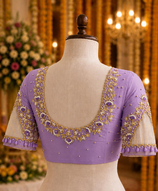 HK0002 V Net sleeve lavender Maggam work blouse