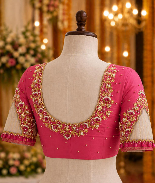 HK0001 V Net sleeve pink Maggam work blouse