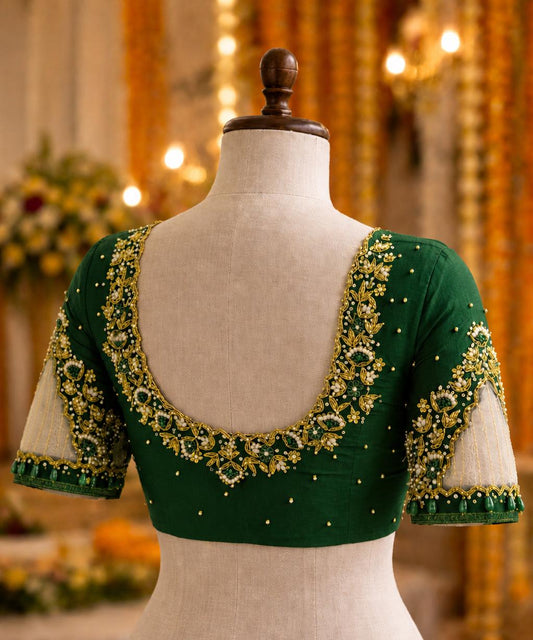 HK0003 V Net sleeve Green Maggam work blouse