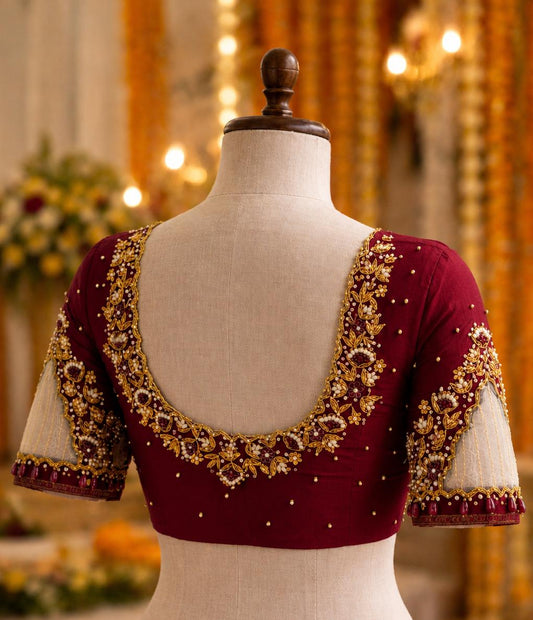 HK0003 V Net sleeve Maroon Maggam work blouse