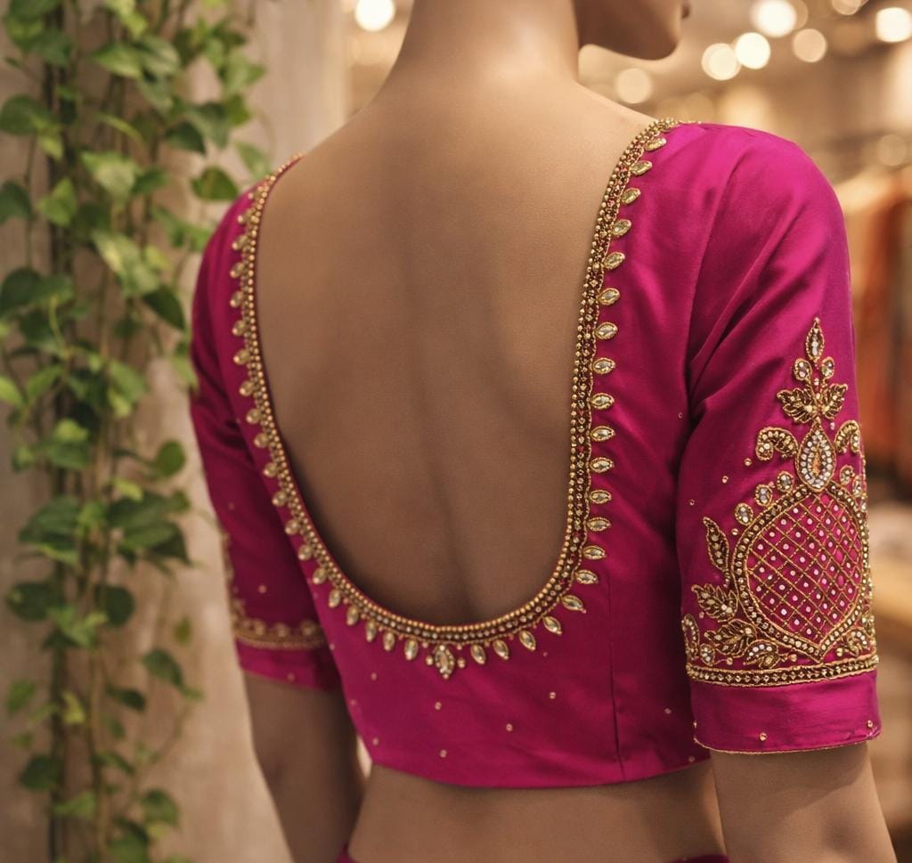 HKRF01 Pink simple Aari work blouse fabric