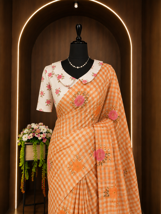 Soft Linen Checks Saree – Lightweight & Elegant Everyday Wear KSM08
