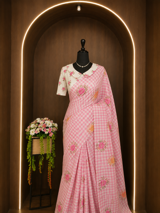 Soft Linen Checks Saree – Lightweight & Elegant Everyday Wear KSM09