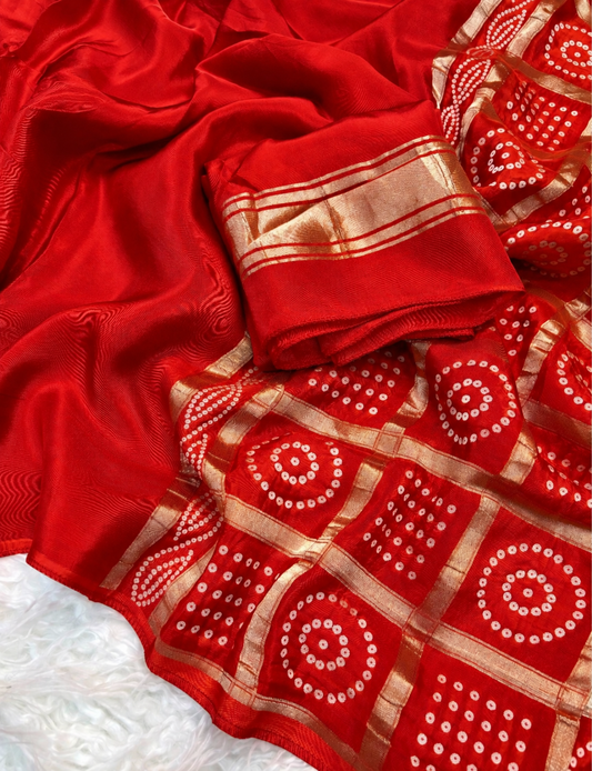 Viscose crepe Red saree with Bandhej pallu HK42