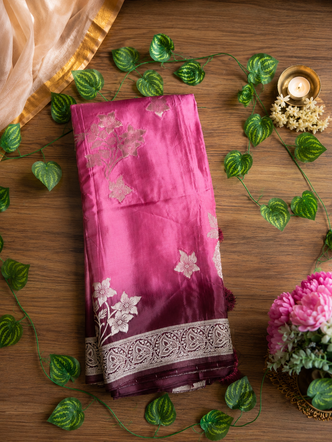 Viscose Crepe Satin Silk Saree – Onion Pink & Brown KSM24