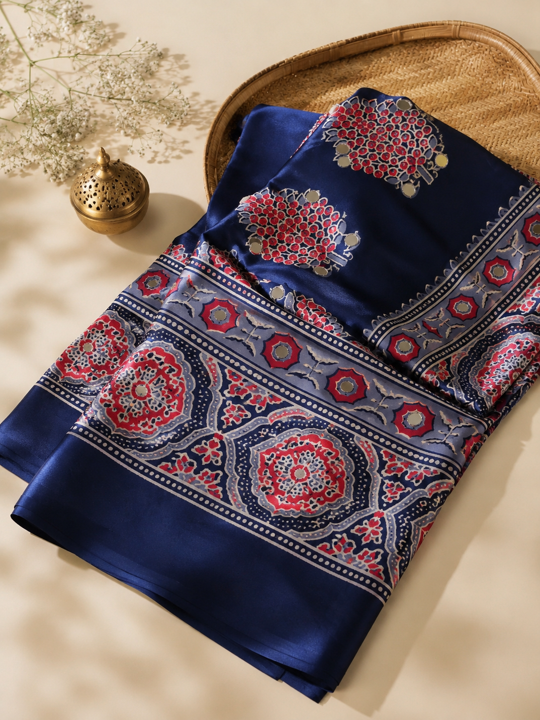 AJRAKH Pure Gajji Bandhej Soft Silk Saree with Mirror Work KSM18