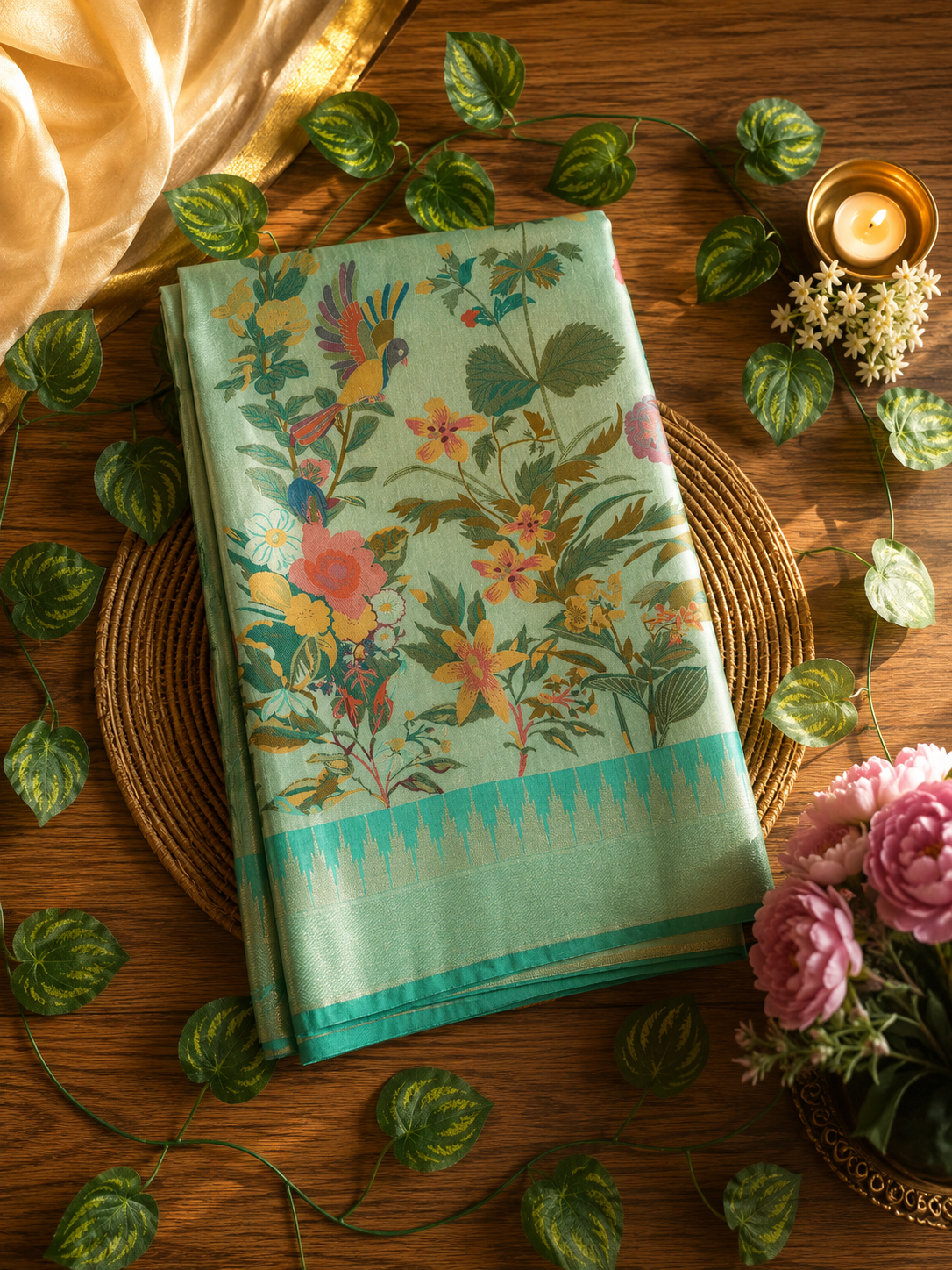 Mint Green Tissue Woven Designer Saree with Floral & Parrot Woven Pallu HK29
