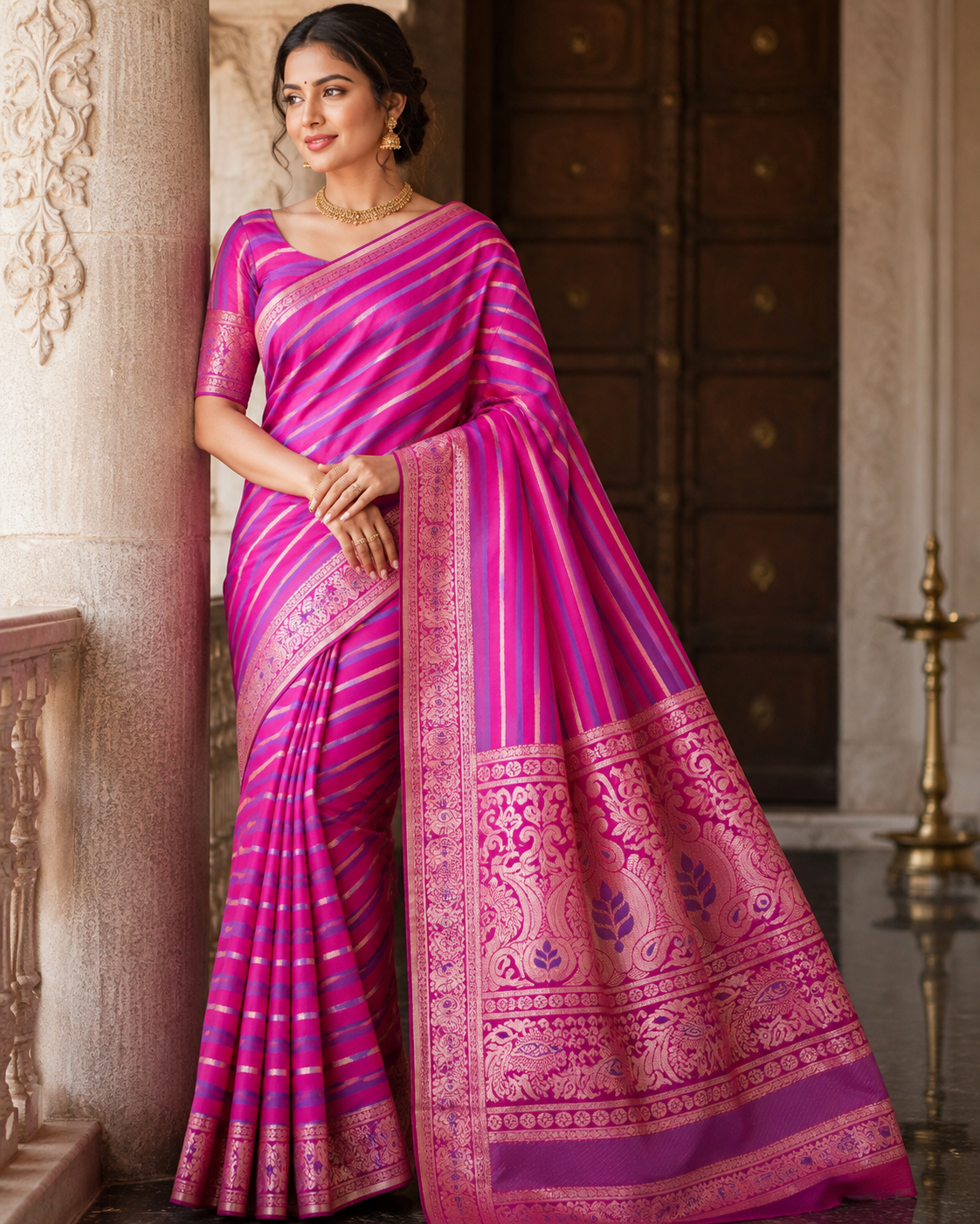 Radiant Pink & Royal Purple Kanchipuram-Inspired Silk Saree KSM31