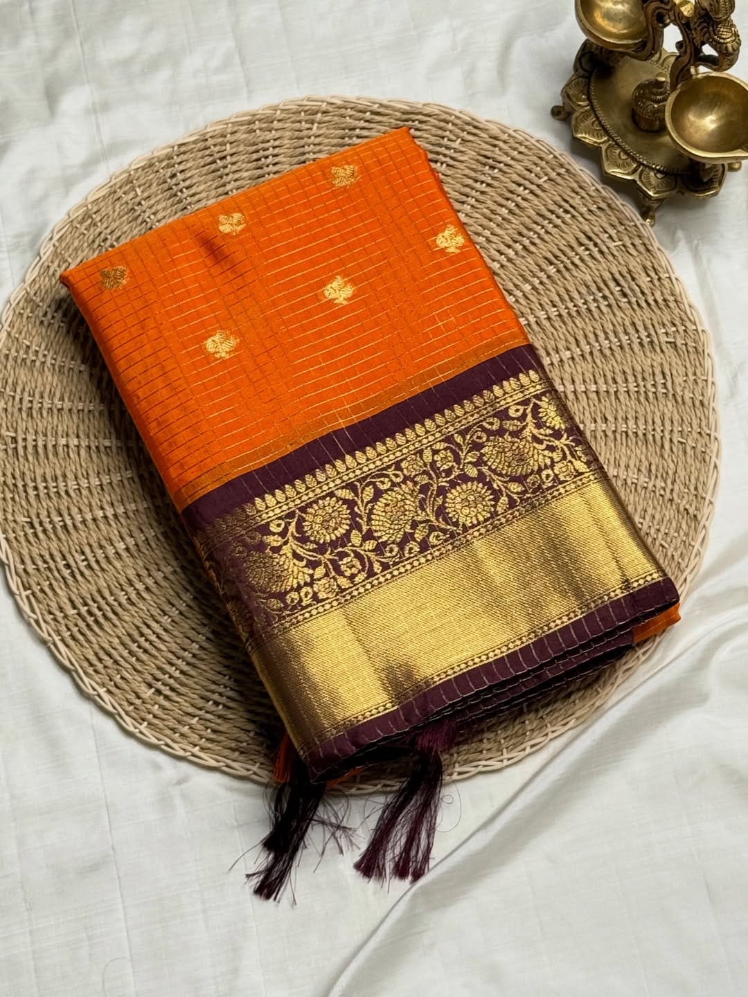 Orange Checks Design Semi Kanchi Saree KSM16