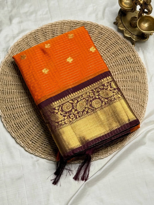 Orange Checks Design Semi Kanchi Saree KSM16