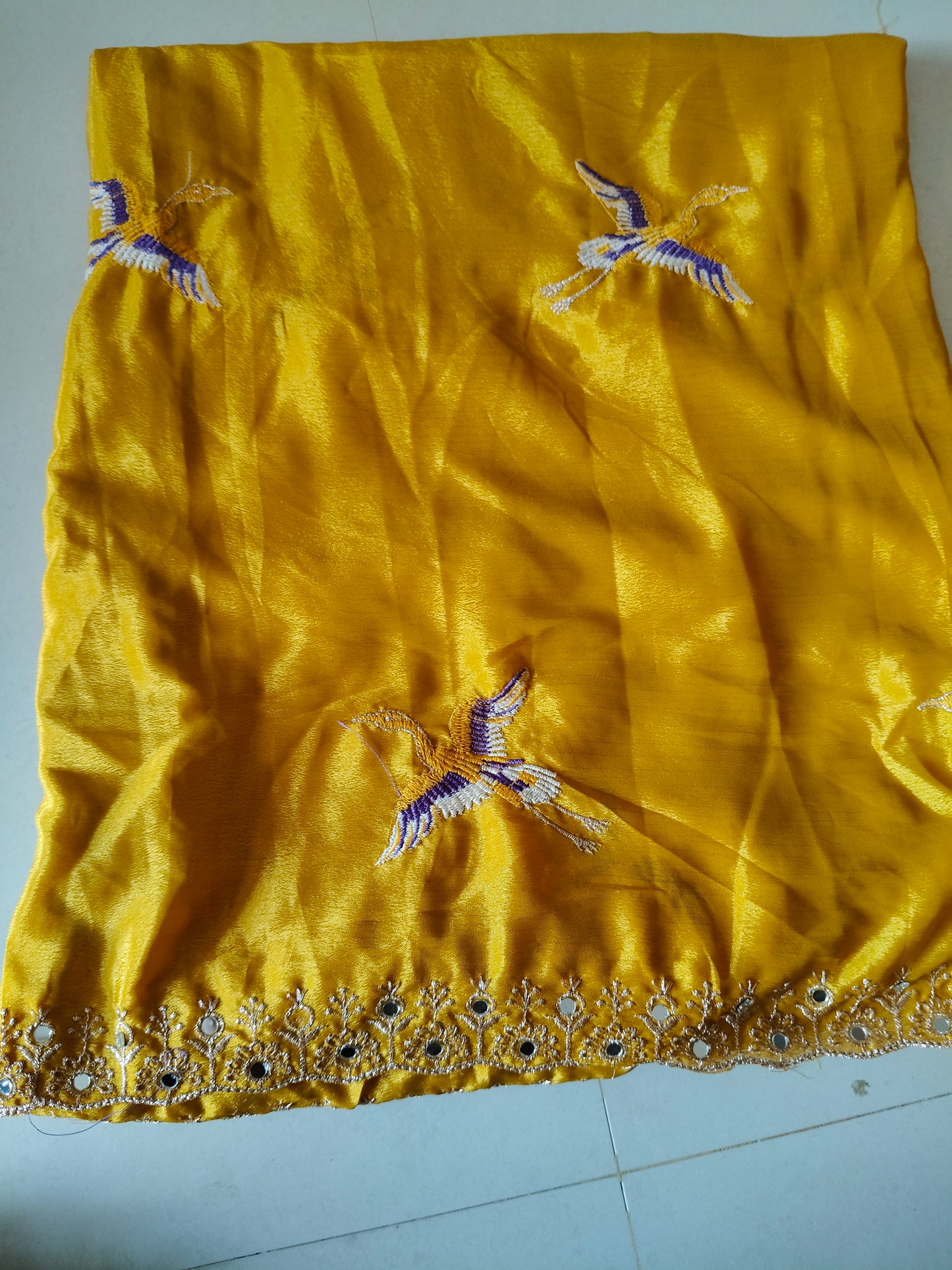Premium Mustard Yellow Viscose Crepe Saree with Flamingo Bird Embroidery KSM26