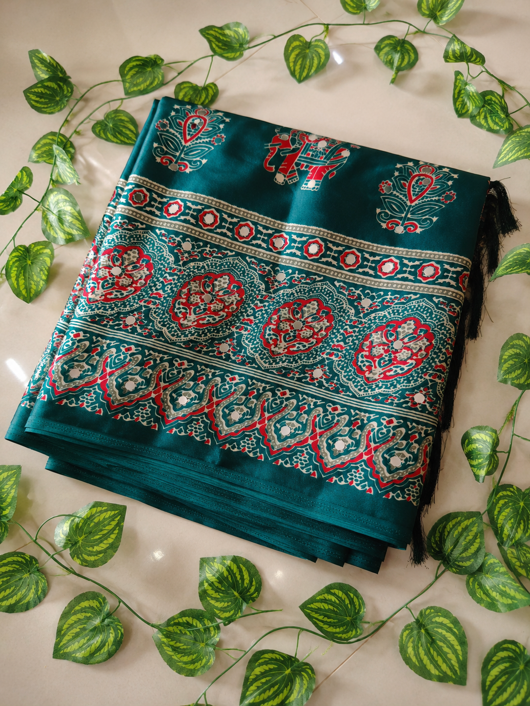 AJRAKH Pure Gajji Bandhej Soft Silk Saree with Mirror Work KSM19