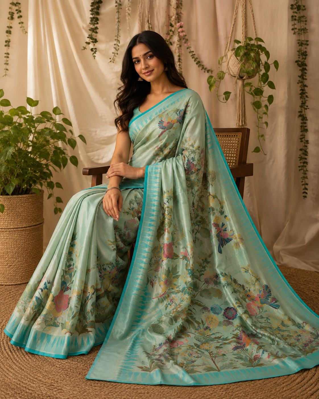 Mint Green Tissue Woven Designer Saree with Floral & Parrot Woven Pallu HK1399