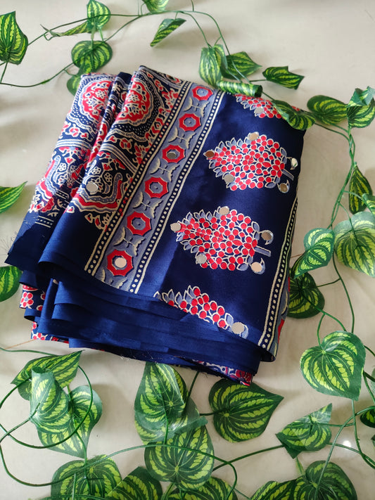 AJRAKH Pure Gajji Bandhej Soft Silk Saree with Mirror Work KSM18