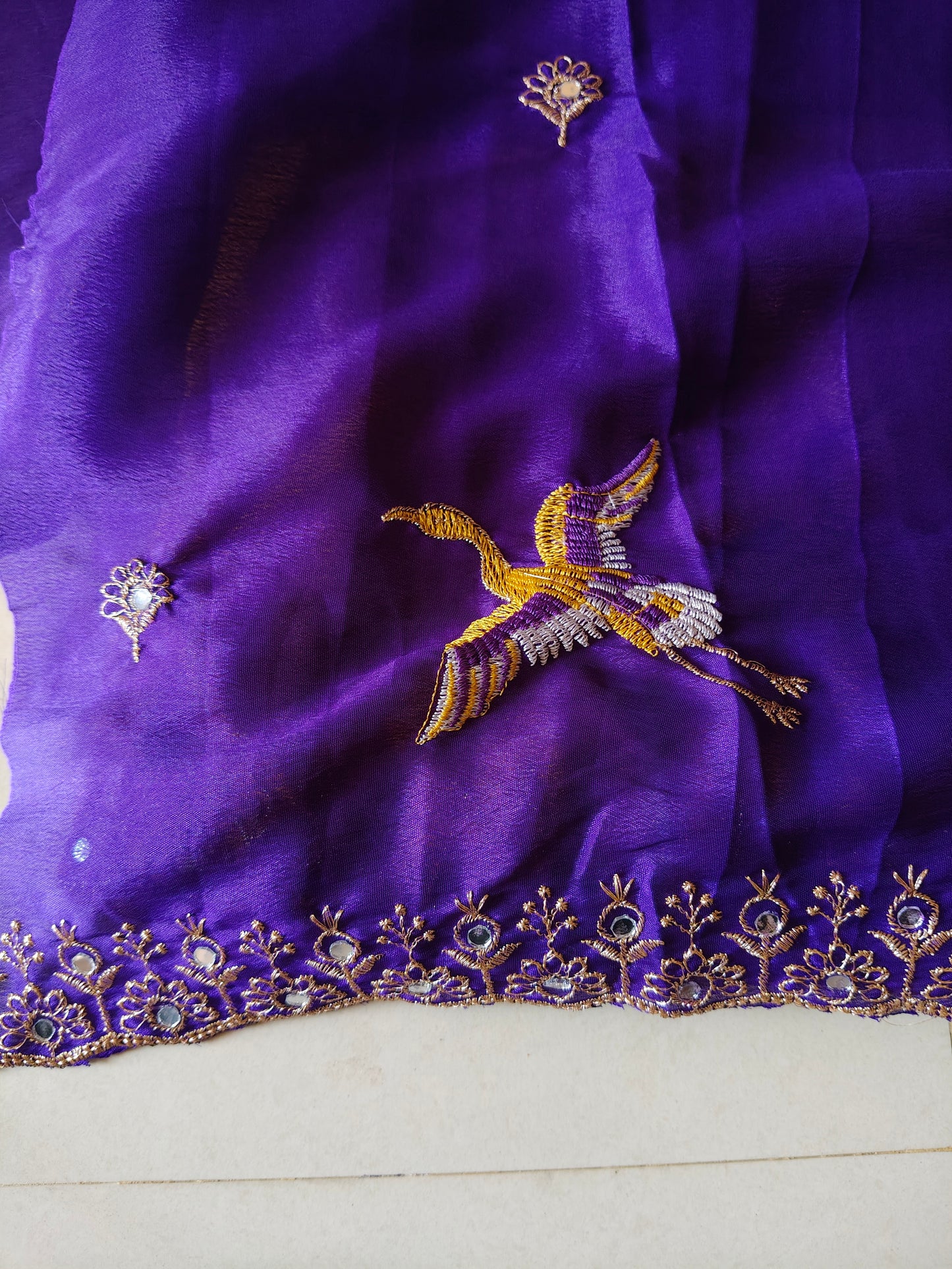 Premium Mustard Yellow Viscose Crepe Saree with Flamingo Bird Embroidery KSM26