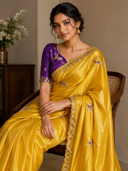 Premium Mustard Yellow Viscose Crepe Saree with Flamingo Bird Embroidery KSM26