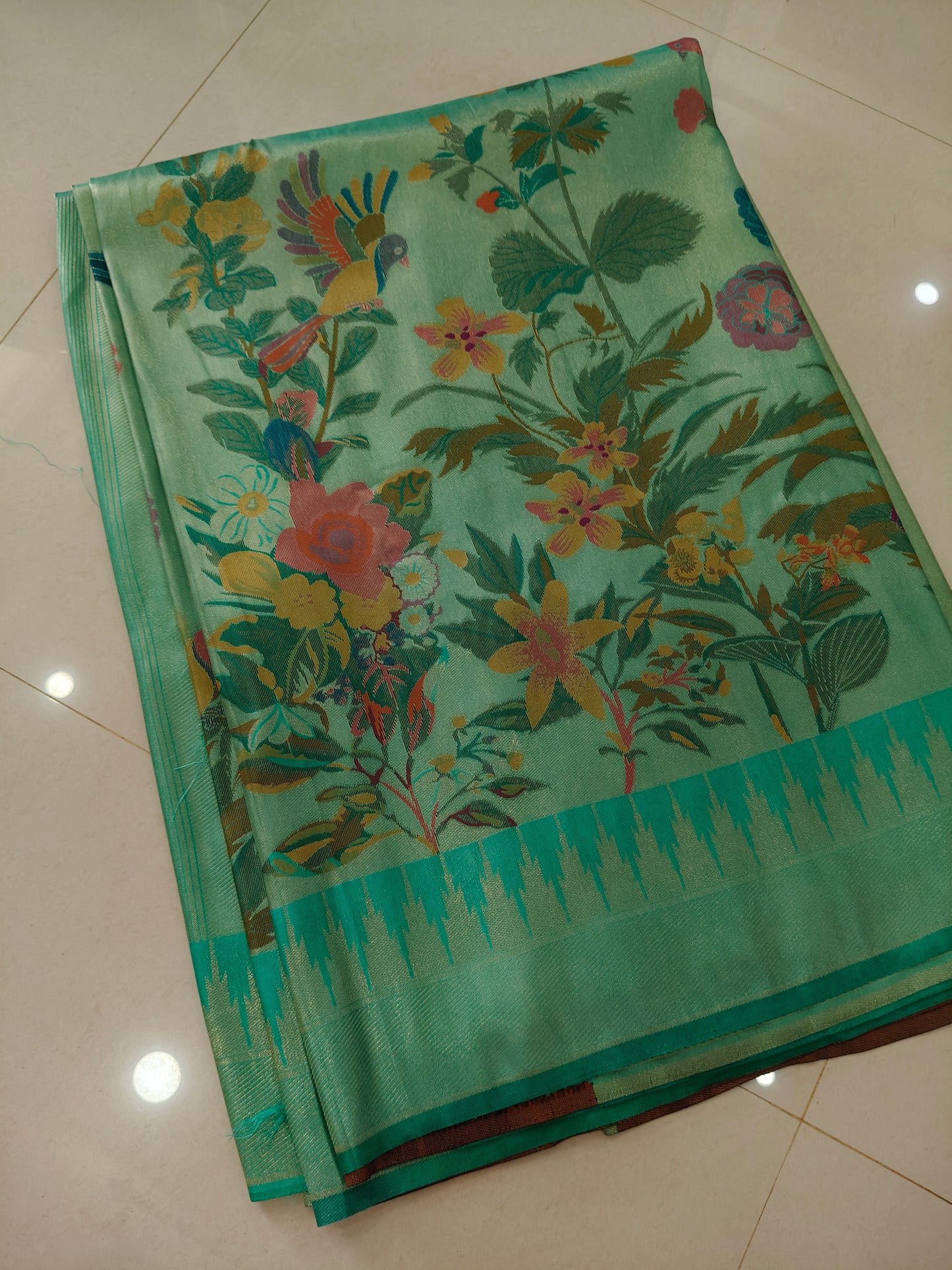 Mint Green Tissue Woven Designer Saree with Floral & Parrot Woven Pallu HK1399