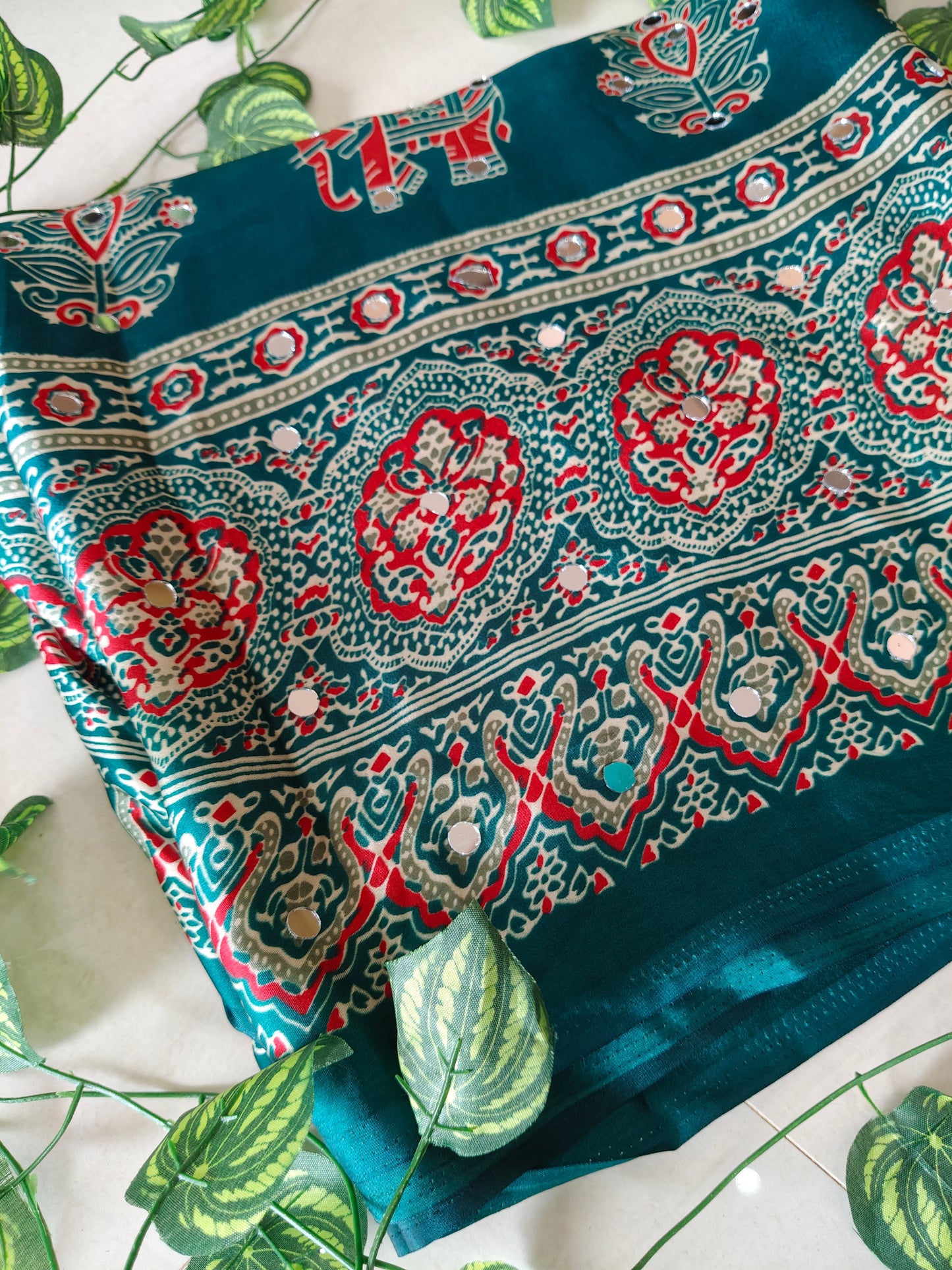 AJRAKH Pure Gajji Bandhej Soft Silk Saree with Mirror Work KSM19